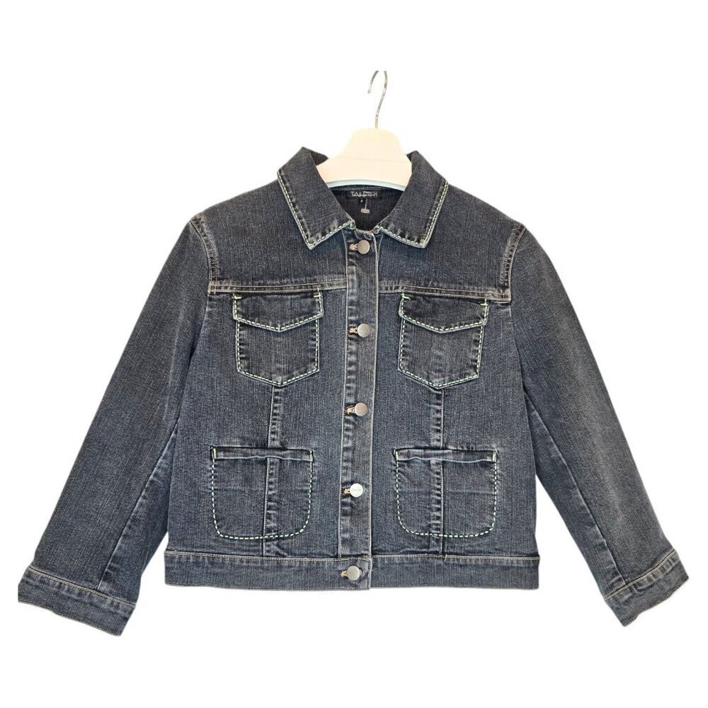 TAHARI Jean Jacket Blue Denim Women Medium Crop Utility Green Stitching Pockets